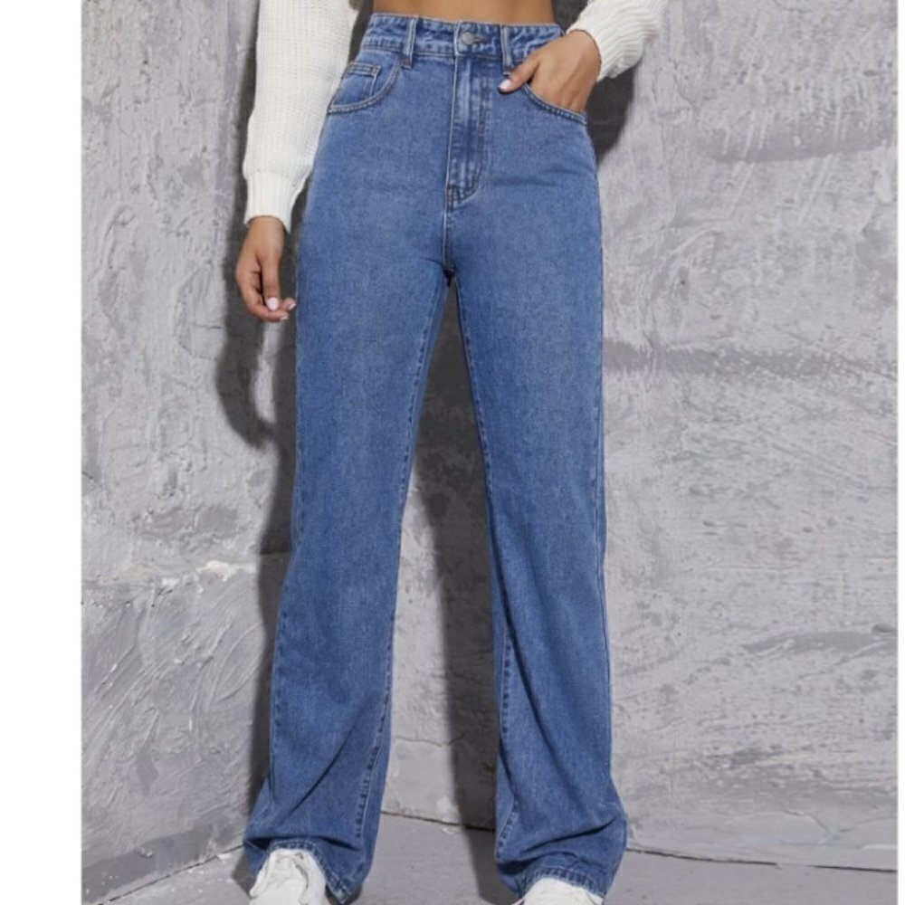 Casual Womens High Waist Patched Detail Wide Leg Pants Medium Wash Blue